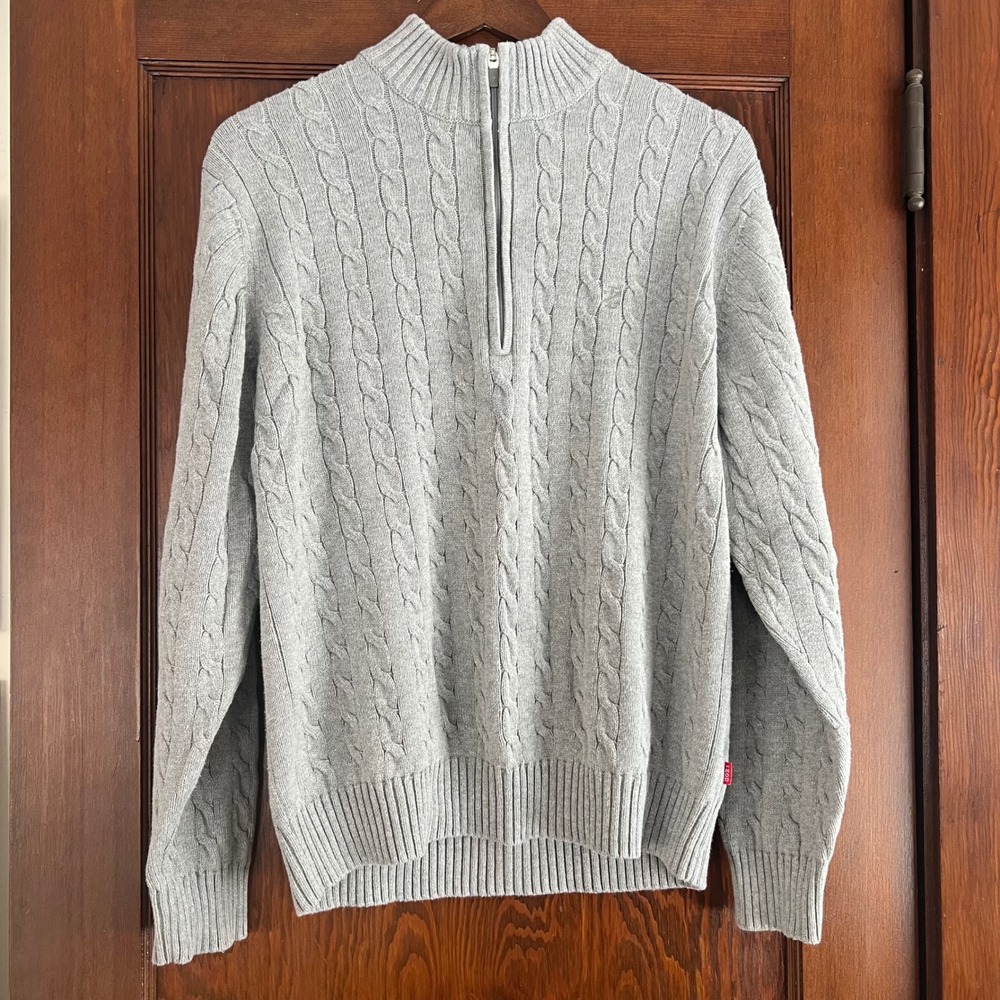 IZOD Mens Grey Cable Knit Quarter Zip Pullover Sweater Size L G‎